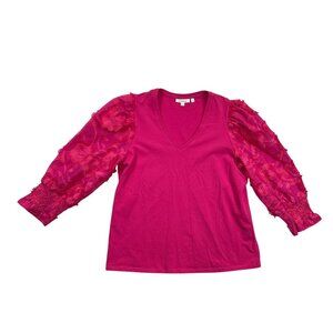 Chicos‎ Top Womens Medium Size 1 Pink 3D Applique Smocked Sleeve V-neck